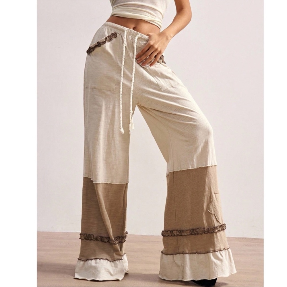 Solid Color Block Stretchy Waist Pockets Wide Leg Pants S M L XL - Picture 4 of 5